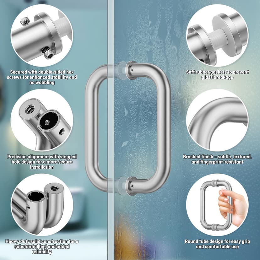 1 set Poignée de porte de douche en verre, poignée coulissante en inox double face,argent,distance entre trous : 152 mm, pour verre sans cadre de 8-12 mm, idéale pour salle de bain, cuisine et hôtel. - 3