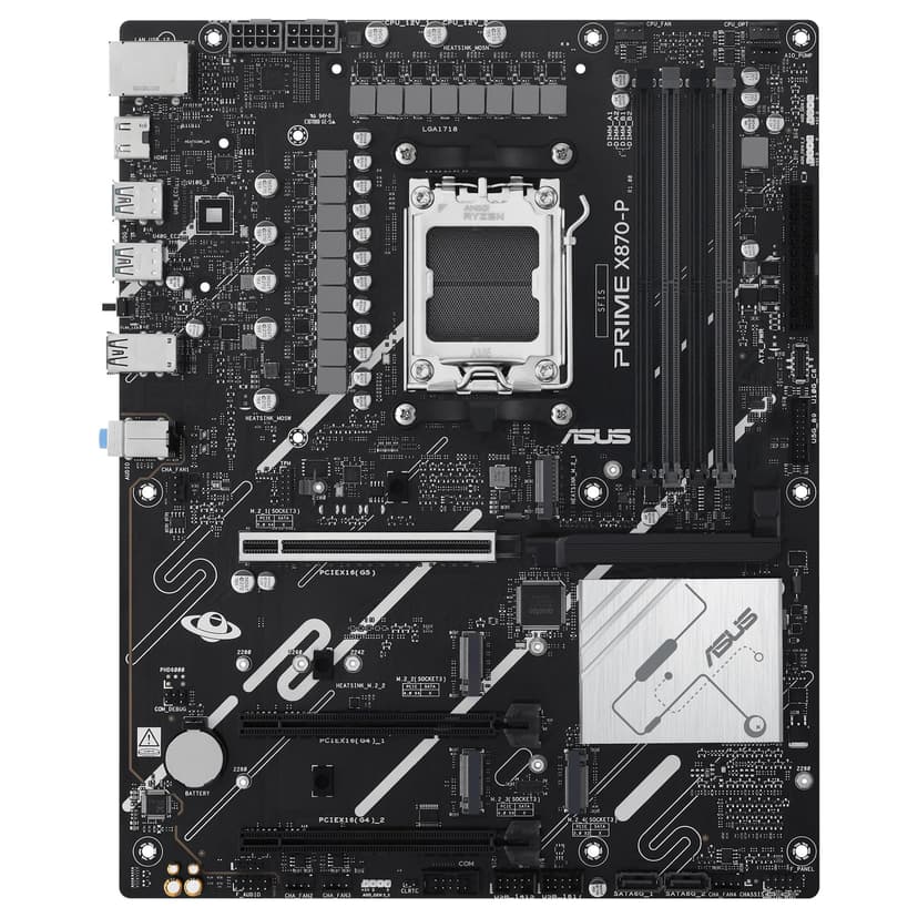 ASUS PRIME X870-P AMD ATX motherboard, 14-2-1(80A) power stages, PCIe 5.0 x16 slot with full support for next-gen graphics cards, four M.2 slots, DDR5 slots, PCIe Slot Q-Release - 8