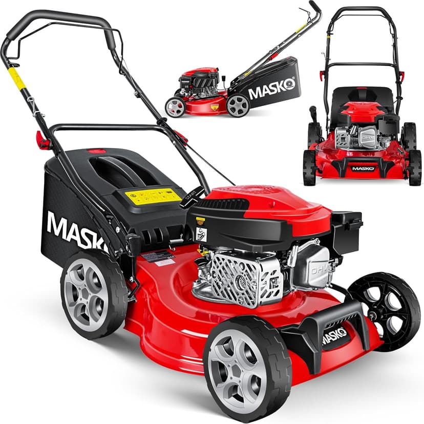 Masko MASKO Tondeuse à gazon à essence 3 en 1,Largeur de coupe 42 cm,7 niveaux de hauteur de coupe,Moteur OHV 4 temps 3,4 CV,Panier collecteur de 50 litres - 1
