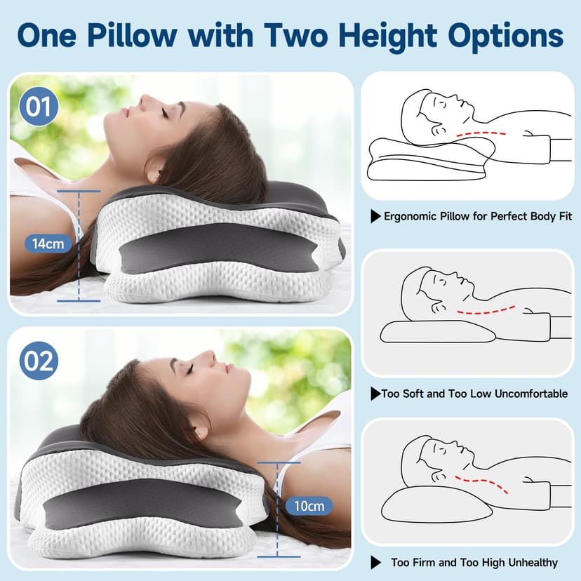 YunNasi Oreiller Ergonomique Cervical Memory Foam Coussin Memoire Forme Oreiller Orthopédique de Forme pour Les Dormeurs sur Le Côté, Le Dos et Le Ventre, 65 * 40 * 14/10cm - 5
