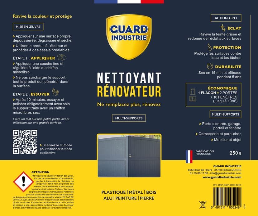 Guard Industrie Renovator Cleaner - Colour Reviving Paint, Plastic, Metal - Stain Resistant 5 Years - 250 ml Treats 10 Doors and 2 Windows - 7