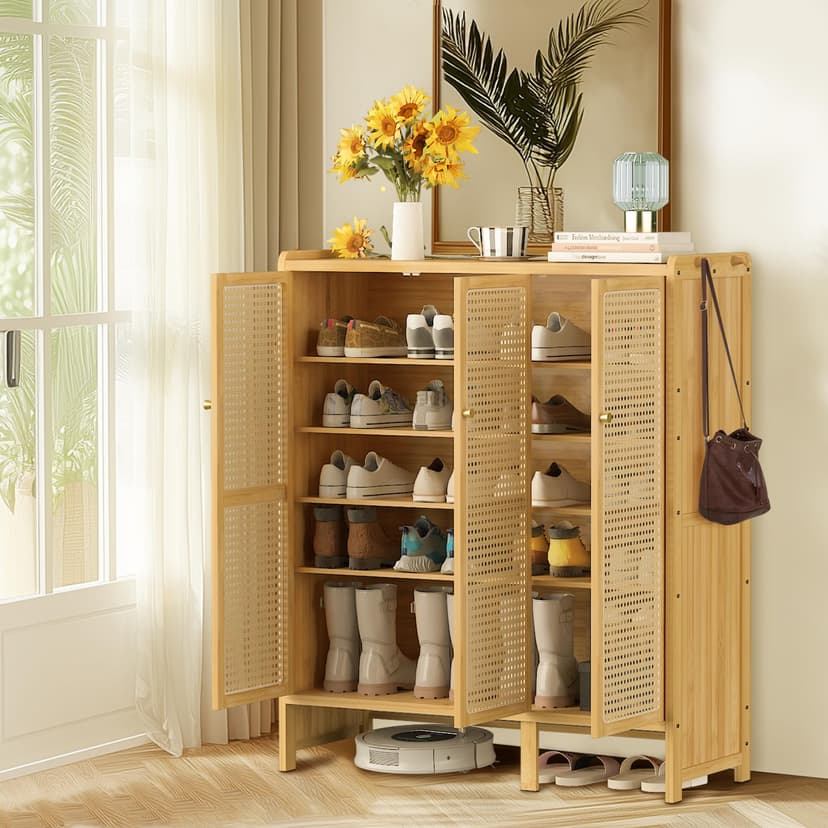 unho Meuble Chaussure d’Entrée en Bambou: Rangement Chaussure avec 5 Étagères Armoire à Chaussures avec 4 Crochets Design - 90.5 × 35 × 107 cm - 3