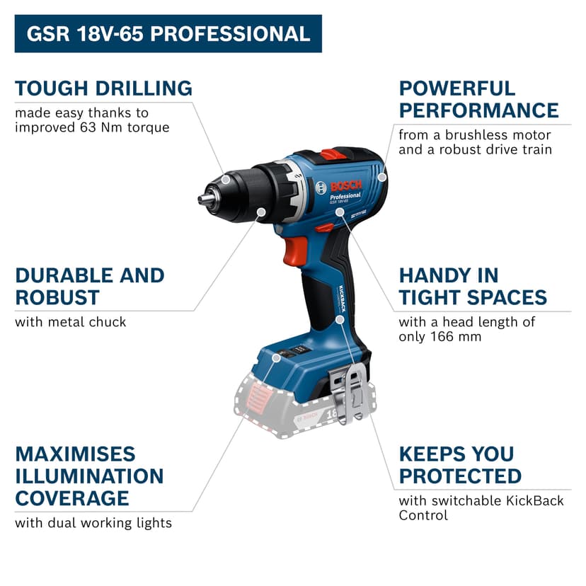 Bosch Professional 18V System Cordless Drill Driver GSR 18V-65 (Brushless Motor, Head Length 166, incl. L-BOXX) - 7