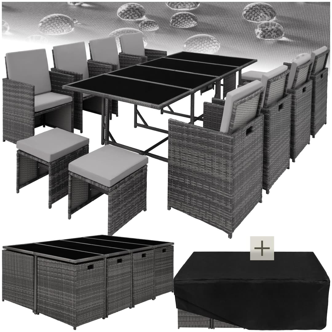 tectake Polyrattan Garden Furniture Set, Including 8 Dining Chairs, 1 Table, 4 Stools, Foldable Garden Lounge Set, For Up To 12 People, Patio Furniture, Including Protective Cover - grey/light grey