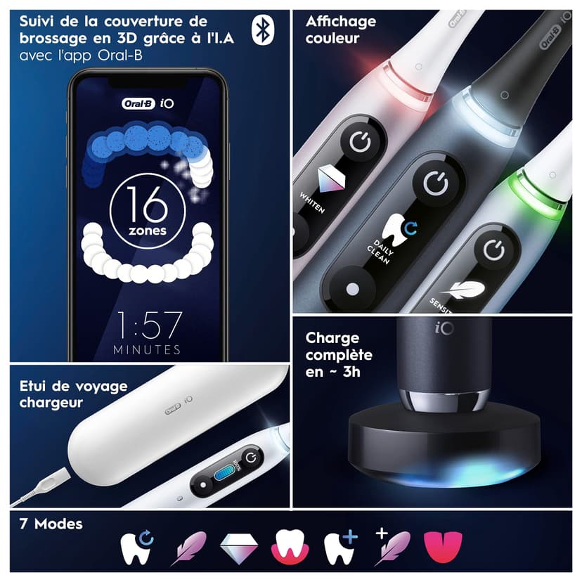 Oral-B Brosses A Dents Electriques iO 9 Noire Et Rose, 7 Modes De Brossage Dont Blancheur Et Soin Des Gencives, 16 Zones De Nettoyage, Ecran Interactif, 4 Brossettes De Rechange Oral B, Etui, Carton - 6
