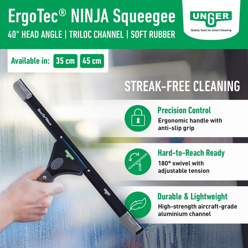 Unger ErgoTec NINJA Window Squeegee 45cm – 40° Aluminium Channel, Soft Rubber Blade & Ergonomic Handle – Professional Window Cleaning Equipment, Black - 3