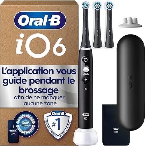 Oral-B Brosse à Dents Electrique iO 6, 3 Brossettes de Rechange, Noire – 5 Modes de Brossage dont Blancheur et Soin des Gencives, Capteur de Pression, Batterie Rechargeable, Ecran Interactif, Etui