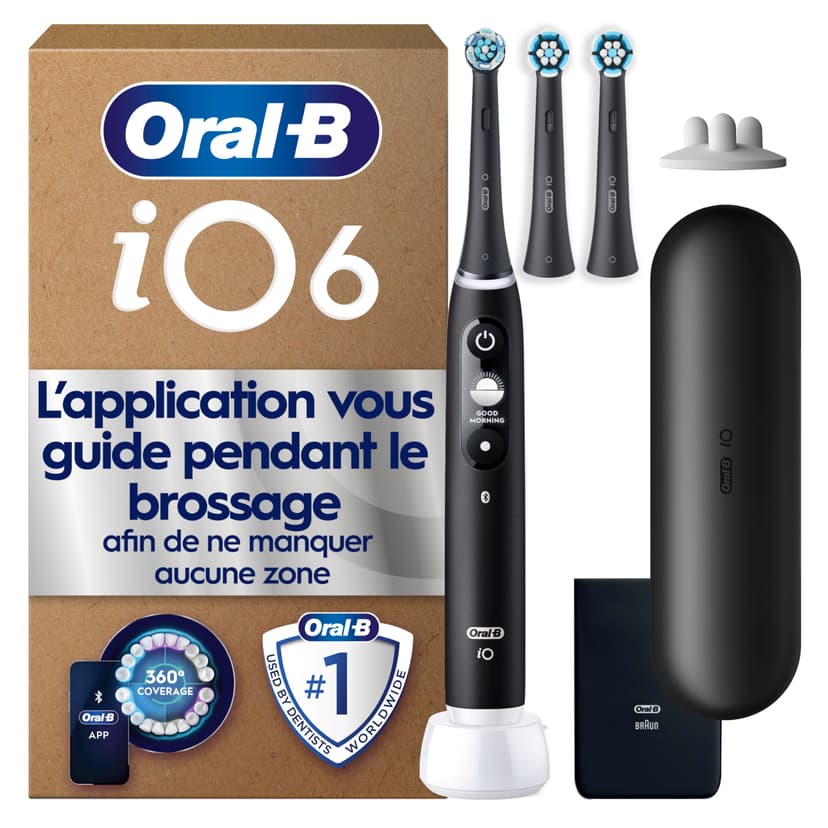 Oral-B Brosse à Dents Electrique iO 6, 3 Brossettes de Rechange, Noire – 5 Modes de Brossage dont Blancheur et Soin des Gencives, Capteur de Pression, Batterie Rechargeable, Ecran Interactif, Etui - 1