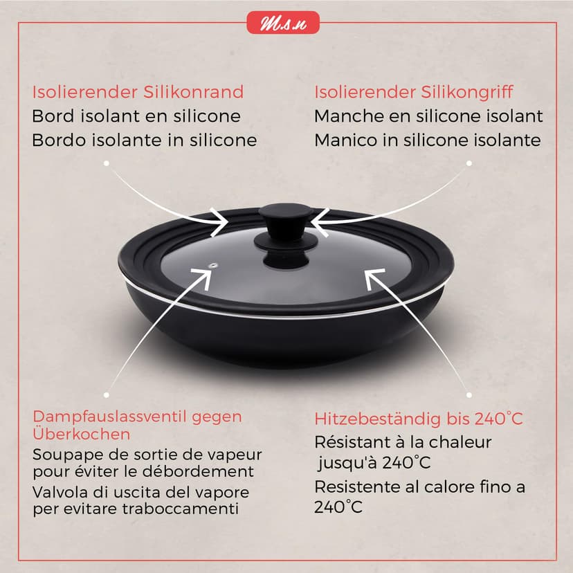 Set of 3 universal glass lids, 3-piece, pots and pans 16/18/20 cm & 24/26/28 cm & 28/30/32 cm, with outlet valve and silicone rim. (black) - 6