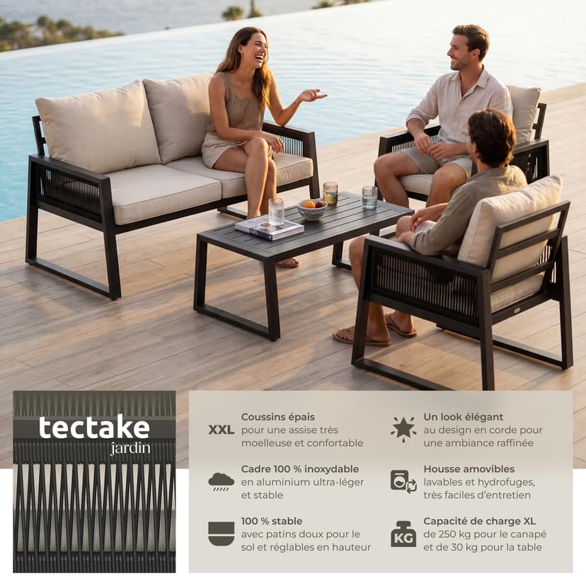 tectake® Ensemble Salon de Jardin Exterieur 4 Personnes en Aluminium Canapé 2 Places 2 Fauteuil Salon et 1 Table de Jardin, Coussins Inclus, Mobilier Amenagement Balcon Terrasse Veranda - 2