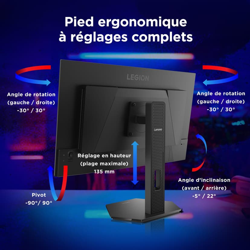 Lenovo Legion 27Q-10 OLED - Écran Gaming de 26.5" avec Eyesafe (QHD, QD-OLED, 240Hz, 0.03ms GtG, 2xHDMI+DP, AMD FreeSync Premium) - Réglage en Inclinaison - Noir - 5