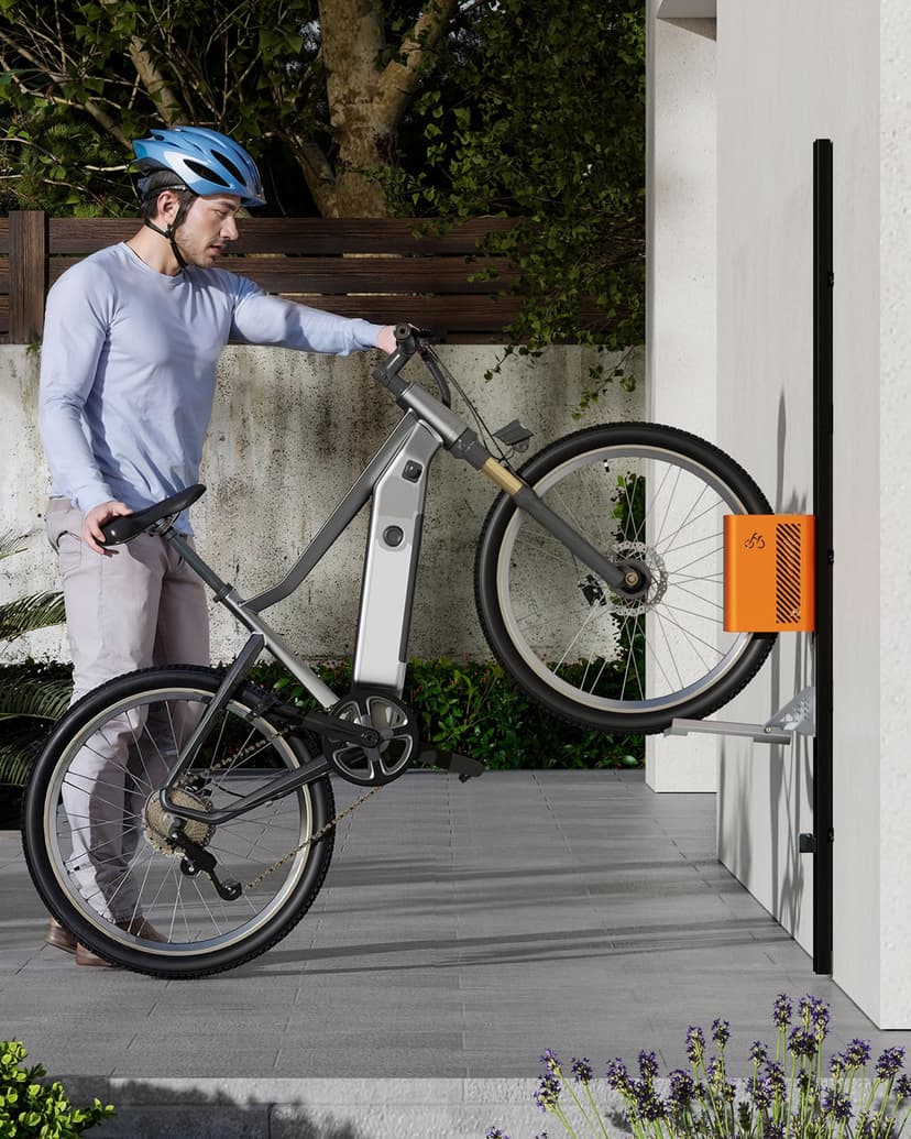 monTEK Automatic Bicycle Lift - Vertical Bicycle Rack for Heavy Bicycles (up to 32 kg) - Easy Assembly, Space Saving Wall Mount for Garage, Shed, Home - For 24-29 Inch Tyres, E-Bikes - 8