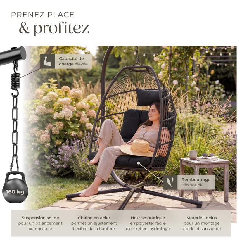 tectake® Fauteuil Oeuf Suspendu Chaise hamac Balancoire Cocooning Confortable Pliable Résistant, Fauteuil Relax avec Structure en Acier & Coussin Épais - 4