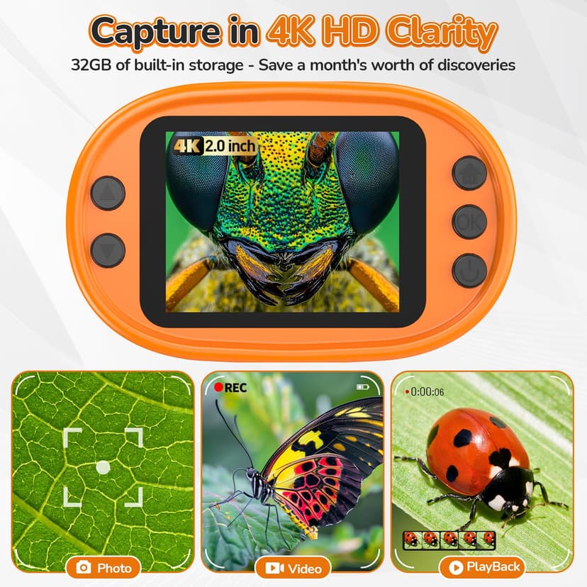 Digital Microscope for Kids Pocket Miniscope: 2.0" 4K Screen with 32G Card EVA Case, Rechargeable Handheld Coin Jewelry Portable Magnifying Glass Edu Science STEM Toy 4-12 Boy Girls - 2