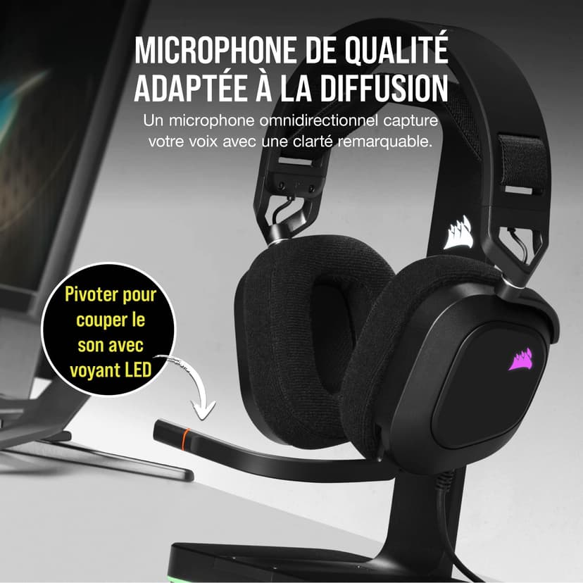 Corsair HS80 RGB USB Casque Gaming Premium avec Dolby Son Surround 7.1 (Microphone de Qualité Adaptée à La Diffusion, Tissu Microfibre Respirant, Audio Haute-Fidélité, Construction Durable) Carbone - 3