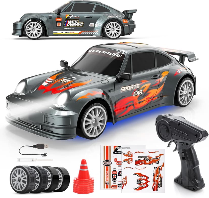 HappyGoLucky Voiture Télécommandée Drift, 1:24 Mini RC Drift Car, 2.4GHz, 4WD, 10-15KM/H, Mini Voiture Télécommandée avec Lumière LED, RC Jouet Garcon 3-12 Ans - Cadeaux de Noël Enfants - 1