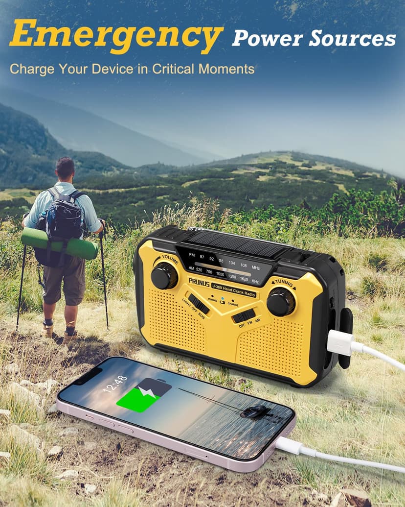 PRUNUS J-369 Wind Up Radio Solar, AM/FM Emergency Hand Crank Radio, Battery Radio with 3000mAh Power Bank, LED Torch, SOS Alarm, USB Phone Charger Perfect for Emergencies & Outdoor Survival - 5