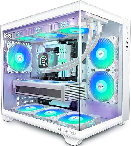 MUSETEX Y6 Mid Tower PC Case, White, 5x120mm PWM ARGB Fans, 270° Tempered Glass, ATX, Micro-ITX, 7 Expansion Slots, USB 3.2 Type-C, 6.7kg