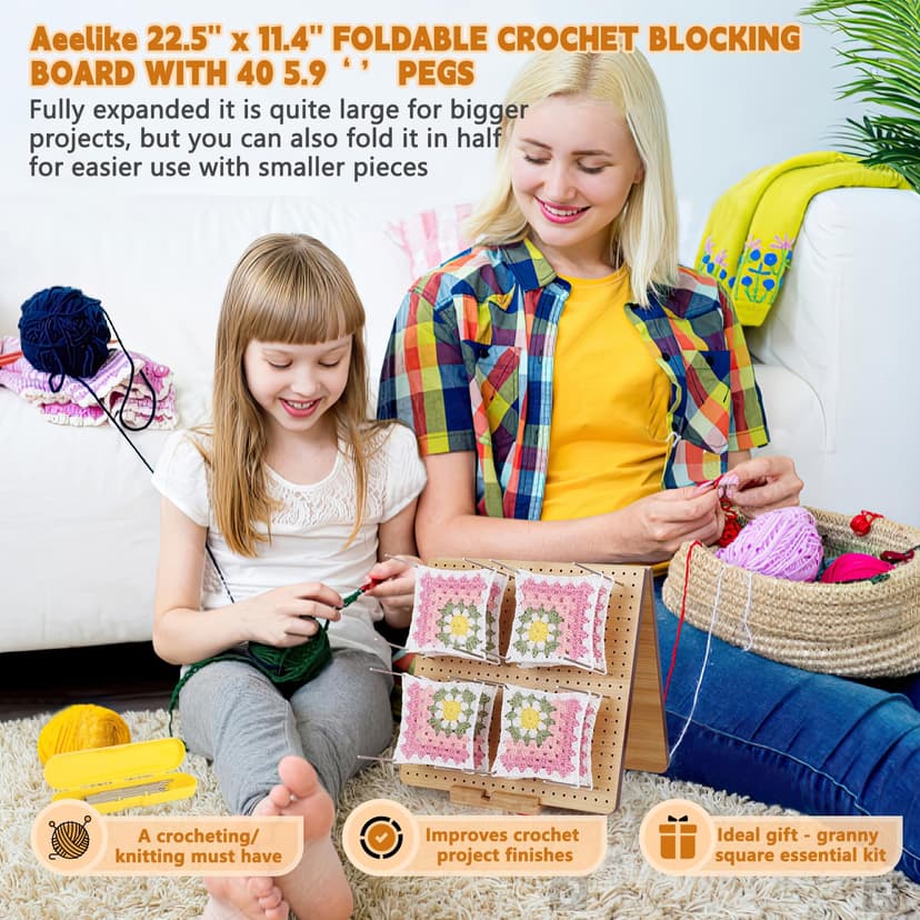 Aeelike Crochet Blocking Board and Pins, Folding Blocking Board for Crochet, 22.5inch Extra Large Foldable Crochet Blocking Board with 40pcs x 15cm Pins for Granny Squares & Knitting Projects - 8