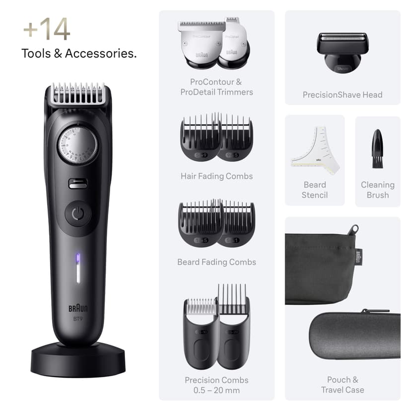 Braun Beard Trimmer Men Series 9, +14 Barbering Tools, Power Boost & Lifetime Sharp ProBlade, 180 Min, with Fade, 52 Lengths, PrecisionWheel & Lock, Waterproof, BT9565, Titanium - 7