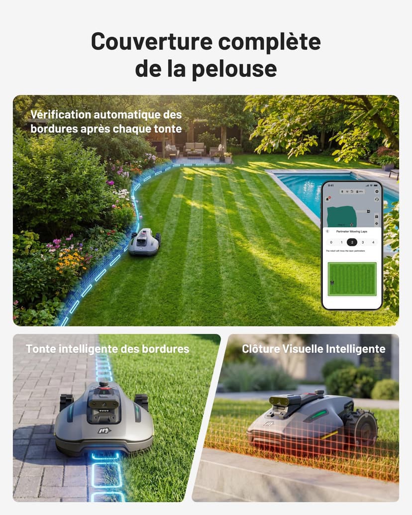MAMMOTION YUKA Mini 2 500 Robot Tondeuse, jusqu'à 500m², Zéro Perte de Signal, sans RTK, AI Traitement d’Image à Trois Caméras Robot Tondeuse, Auto Cartographie Multi-Zones, DropMow - 9