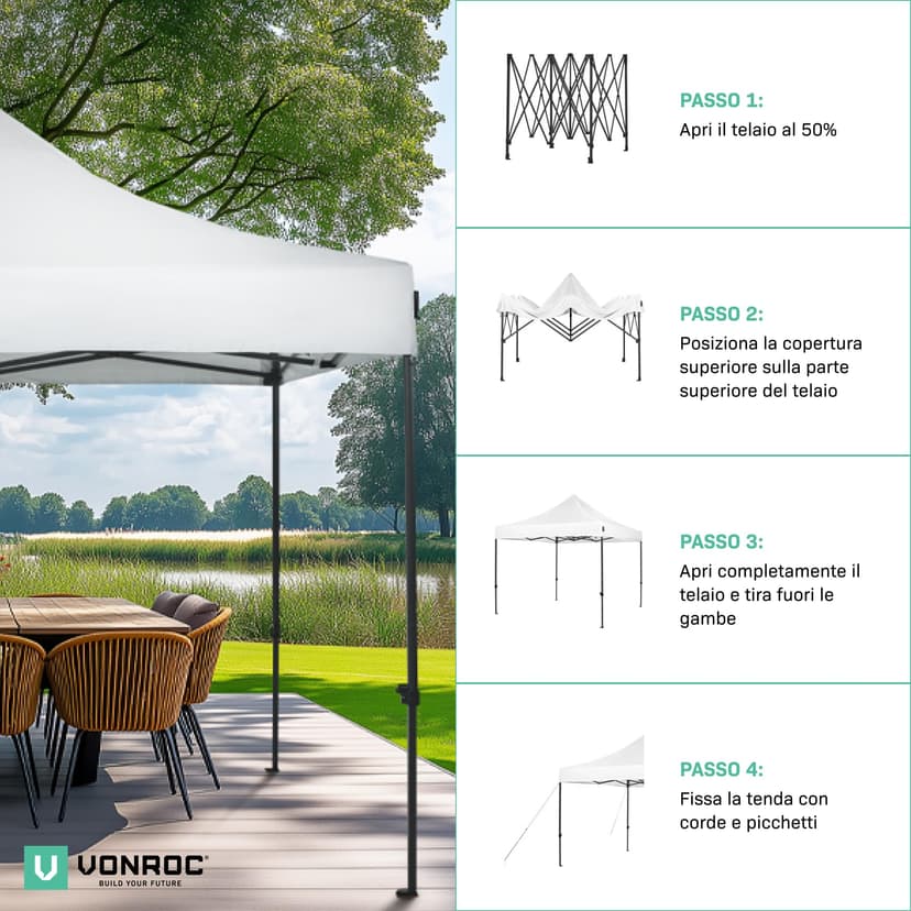 VONROC Tente Easy-Up - 3x3 m – Pliante - Design Modulaire : Auvent, Tonelle, Chapiteau, Marchés Saisons – Pliable – Imperméable – Cadre en Acier - Protection UV 50+ - Blanc - Sac de Rangement Inclus - 6