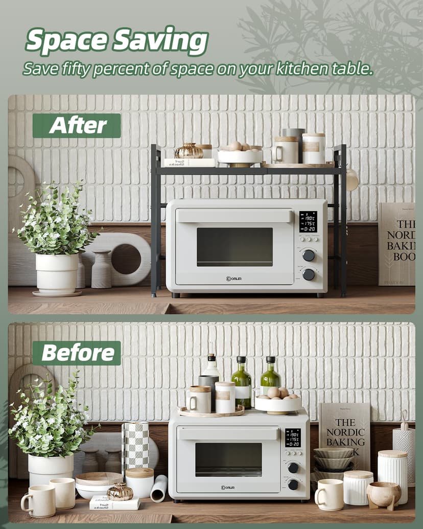 NETEL Erweiterbares Mikrowellen Regal 2-stufiges Mikrowellenständer Mikrowellenhalter Organizer küchenregal stehend für arbeitsplatte Bäckerregale mit 8 Haken - 5