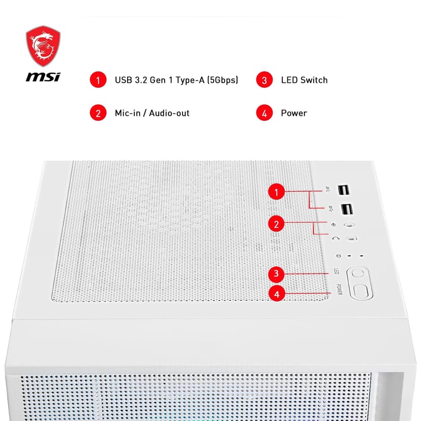 MSI MAG Forge 320R Airflow White Boîtier PC Moyen Tour - ATX, Compatible avec Les RTX 40, Ventilateurs ARGB, filtres à poussière magnétiques, Verre trempé, Hub de contrôle ARGB, USB Type-A 3.2 Gen 1 - 4