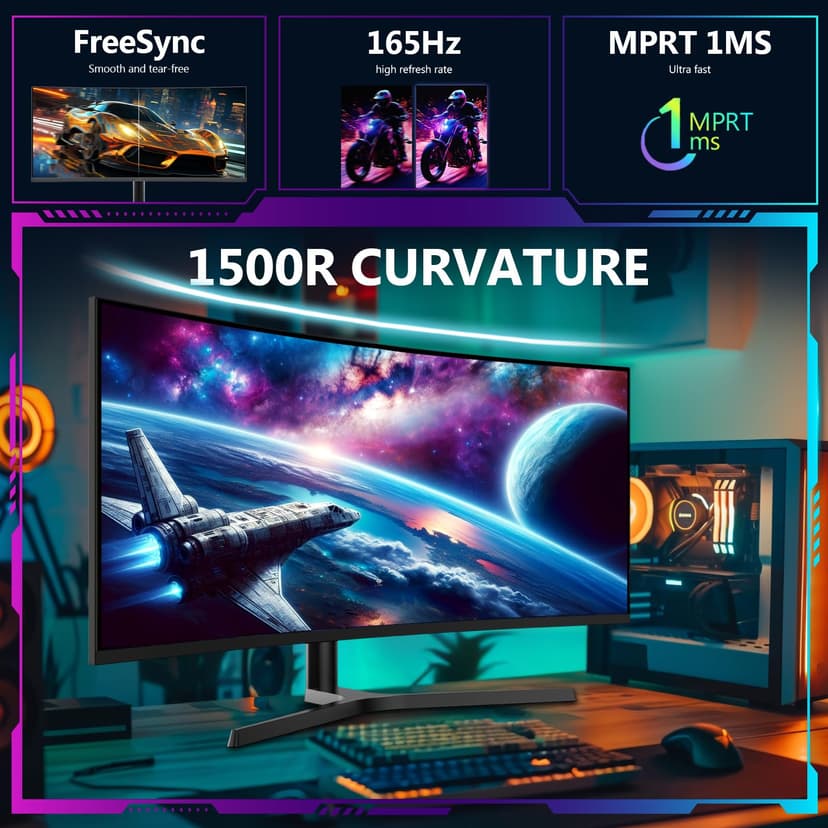 Z-Edge 34 Inch Ultrawide Curved Gaming Monitor 165Hz 1ms MPRT, 3440x1440 UWQHD, 21:9 VA Panel, Tilt Swivel Height Adjustable, FreeSync, DisplayPort (165Hz) HDMI (100Hz), PIP & PBP, Black - 3