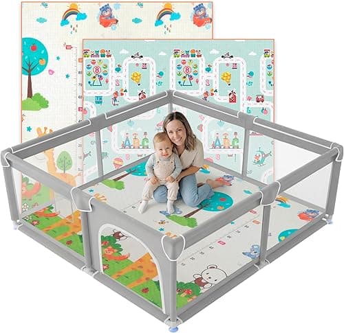 JUPPLIES Parc Bébé Sécurisé avec Tapis 120×120 cm – Aire de Jeu Carrée pour Enfant 6–24 mois, Filet Respirant 360°, Structure Stable Antidérapante, 2 Poignées Incluses
