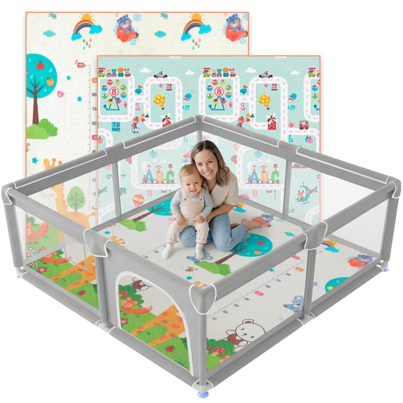JUPPLIES Parc Bébé Sécurisé avec Tapis 120×120 cm – Aire de Jeu Carrée pour Enfant 6–24 mois, Filet Respirant 360°, Structure Stable Antidérapante, 2 Poignées Incluses - 1