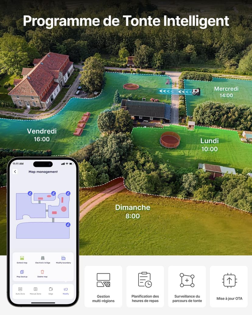 ANTHBOT Robot Tondeuse M5, 500-700㎡，150㎡/h, NetRTK + 4G, Cartographie Automatique, Double Vision IA, Gestion Multi-Zones, APP Control, 3-7CM Réglage de la Hauteur de Coupe - 3