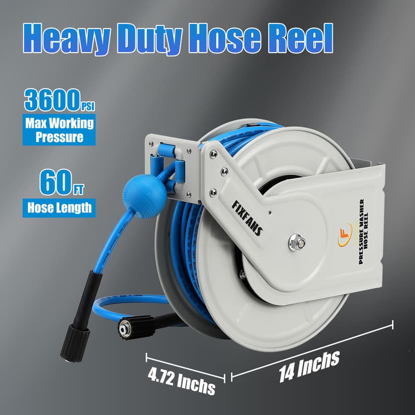 FIXFANS Pressure Washer Hose Reel with Hose, 1/4" x 60ft Retractable, Heavy Duty, Auto Rewind, Wall Mounted, 3600 PSI - 6