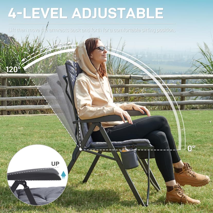 EVER ADVANCED Luxury Camping Chairs for Adults Heavy Duty Loadable 150kg High Back Oversized Folding Garden Chair Padded 6cm Comfy with Cup Holder Side Pocket Dining Chairs 4-Position Recliner - 5