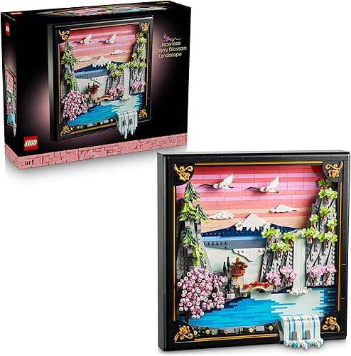 LEGO Art Japanese Cherry Blossom Landscape - DIY Miniature Model Kit for Adults - 3D Wall Art in Shadow Box Frame w/Mount Fuji, Sakura & Textured Waterfall - Gift Idea - 31218