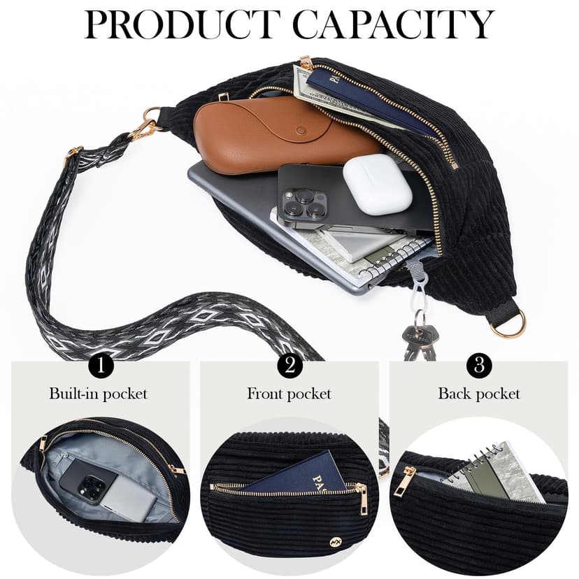 MAXTOP Crossbody Bag Women's Shoulder Bag Made of Soft Corduroy with Ethnic Woven Strap – Versatile Shoulder Bag & Waist Bag for Everyday Use, Office & Travel, Adjustable, Black, Gemiddeld - 5