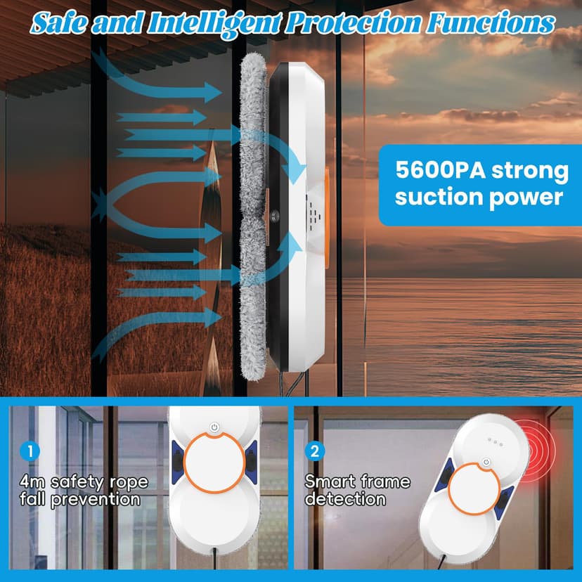 Robot Window Cleaner, 5600Pa Robot Glass Cleaner with Double Water Spray, 3 Cleaning Modes, Remote Control, Smart Navigation, Fall Protection & 8 Cloths, For Smooth Surfaces - 2