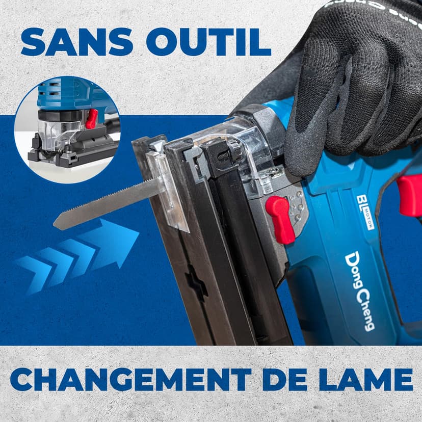 Dong Cheng Scie Sauteuse Sans Fil 18V Sans Balais, Scie Sabre Pendulaire course de 26 mm, 6 Vitesses, Coupe Biseau 0-45°, Double LED & Souffleur - Avec Batterie 4Ah, 6 Lames, Chargeur et Caisse Pro - 9