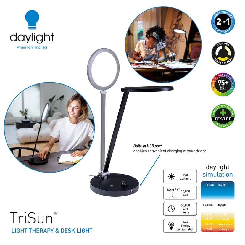 daylight The Company – Lampe TriSun, lampe de luminothérapie et de travail (2 en 1), IRC 95+, lumens : 800, 6 000 kelvins, 3 niveaux de luminosité, 10 000 lux - 2