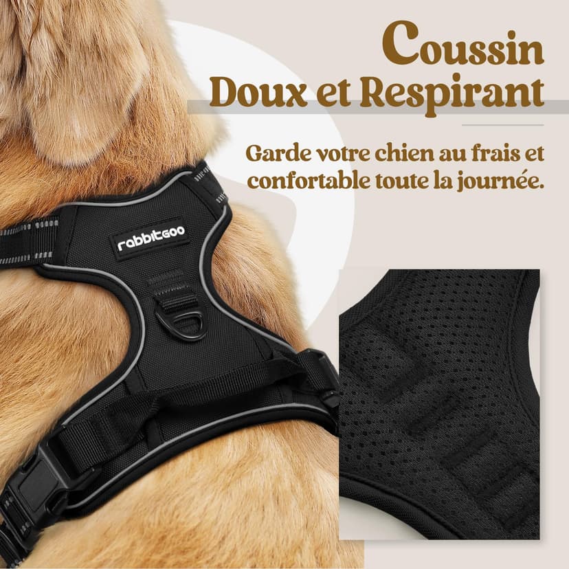 rabbitgoo Dog Harness Large Dog No Pull Pet Harness with 2 Leash Clips, Adjustable Soft Padded Pet Vest, Reflective No-Choke with Easy Control Handle for Training or Walking, Black, L - 3