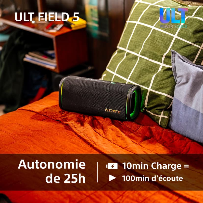 Sony ULT FIELD 5 - Potente speaker portatile Bluetooth, batteria da 25 ore, 2 modalità ULT POWER SOUND, IP67, impermeabile, antipolvere, 360 luci, tracolla staccabile, compatto - Nero - 6