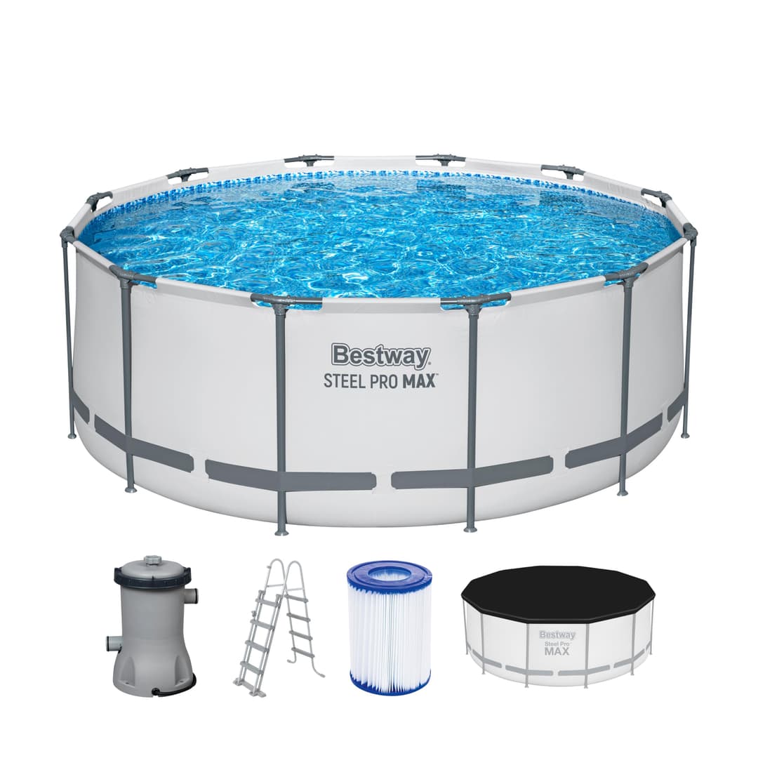 Bestway Steel Pro MAX Frame Pool Complete Set with Filter Pump, Diameter 366 x 122 cm, Light Grey, Round