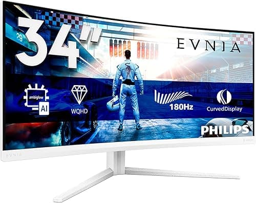 Philips Evnia 34M2C5501A - 34 inch WQHD Curved Gaming Monitor, 180 Hz, 1 ms, FreeSync Premium, Ambiglow (3440x1440, 2x HDMI 2.0, 1x DisplayPort 1.4, USB Hub) white