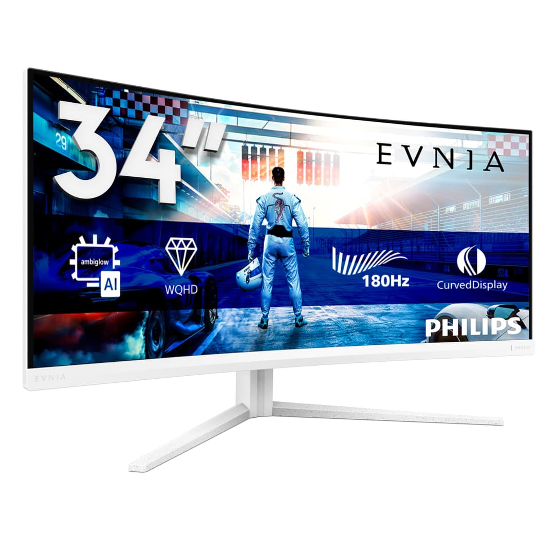 Philips Evnia 34M2C5501A - Moniteur de Jeu incurvé WQHD 34 Pouces, 180 Hz, 1 ms, FreeSync Premium, Ambiglow (3440x1440, 2X HDMI 2.0, 1x DisplayPort 1.4, Hub USB) Blanc