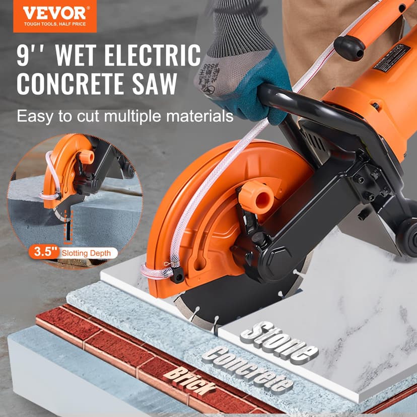 VEVOR Electric Concrete Saw, 230mm, Circular Saw High Power 2000W Cutting Depth 89mm Wet/Dry Disc Saw with Water Pipe, Water Pump, Blade, for Stone and Brick - 2