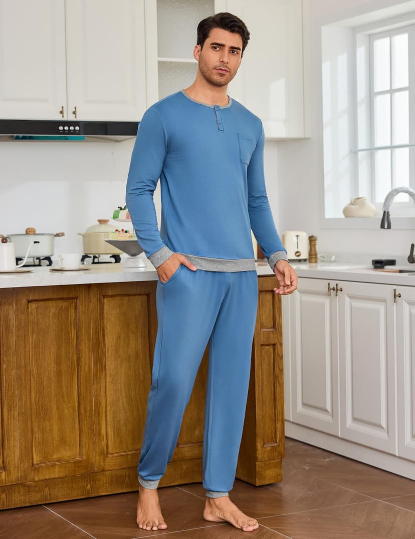 Mens Pyjama Set Winter Pajamas Henley Shirt Plain Color Nightwear For Men Long Sleeve Pjs Top and Full Length Loungewear Bottom With Pockets S-3XL - 2