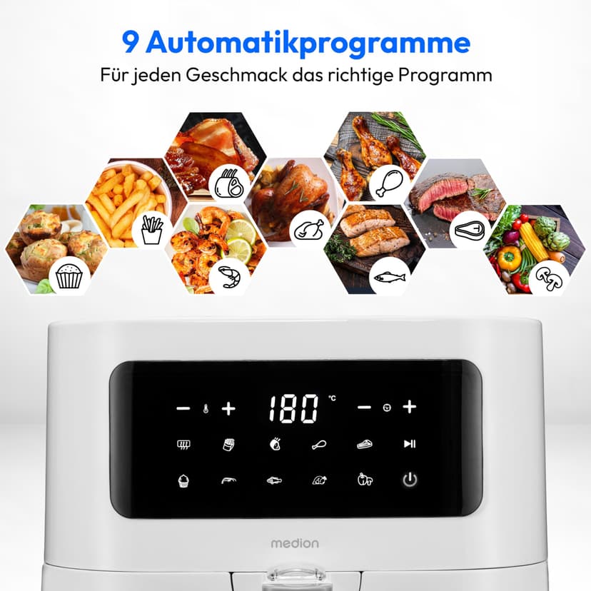 MEDION E40 XL Friteuse à air chaud (panier à friture XXL de 5,3 litres, 2 150 watts, 9 programmes automatiques, fonction cuisson, friture sans huile, panneau de commande tactile, affichage LED) blanc - 5