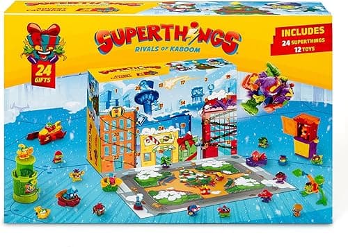 Superthings Calendrier de l'Avent avec 24 cadeaux et surprises spéciaux. Comprend des mini figurines de Superthings, Hideouts, Jets, Exoskeletons et Special Vehicles