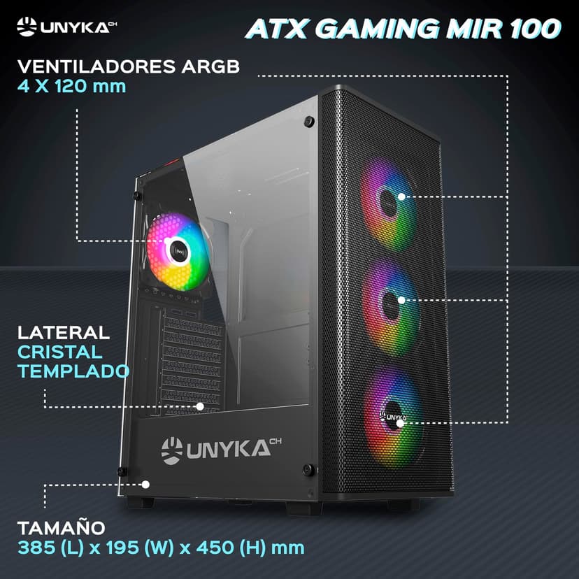 UNYKAch ATX MIR 100 Gaming Computer Case Large Size with 4 ARGB Fans, 1 USB 2.0 and 3 USB 3.0 - 5