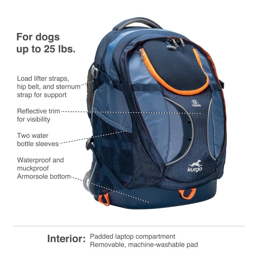 Kurgo G-Train Dog Carrier Backpack - Comfortable Travel Bag for Pets Up to 11 kg - Waterproof Bottom - Multi-Compartment Pack - Dog Hiking Gear - Rugged Adventure Backpack - Navy Blue - 2